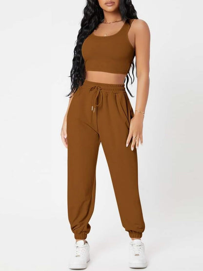 Wide Strap Top and Drawstring Joggers Set Brown