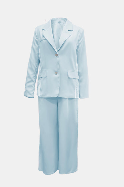 Side Striped Long Sleeve Blazer and Pants Set Mint Blue