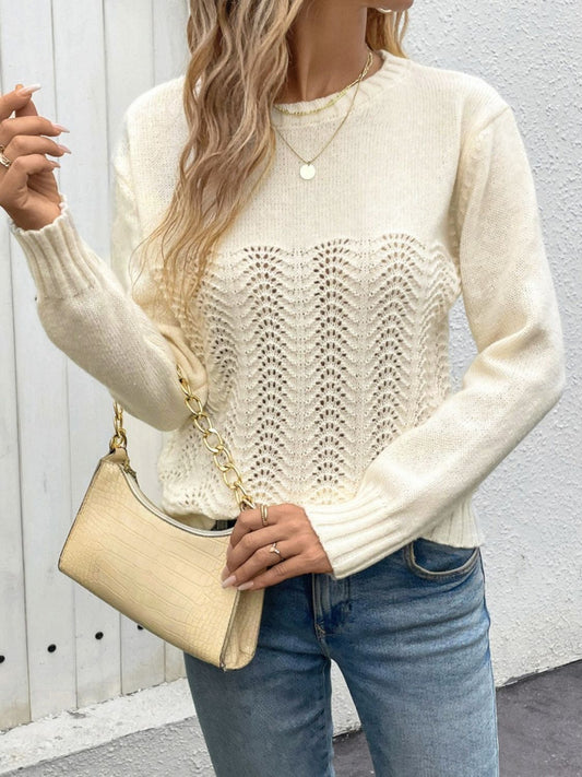 Perfee Openwork Round Neck Long Sleeve Sweater Pastel Yellow