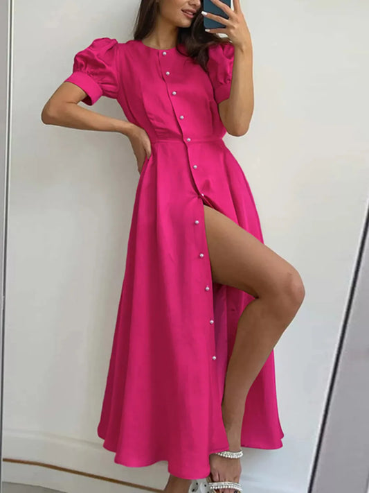 Button Down Short Sleeve Dress Hot Pink