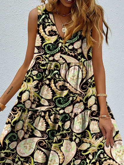 Printed V-Neck Tiered Maxi Tank Dress