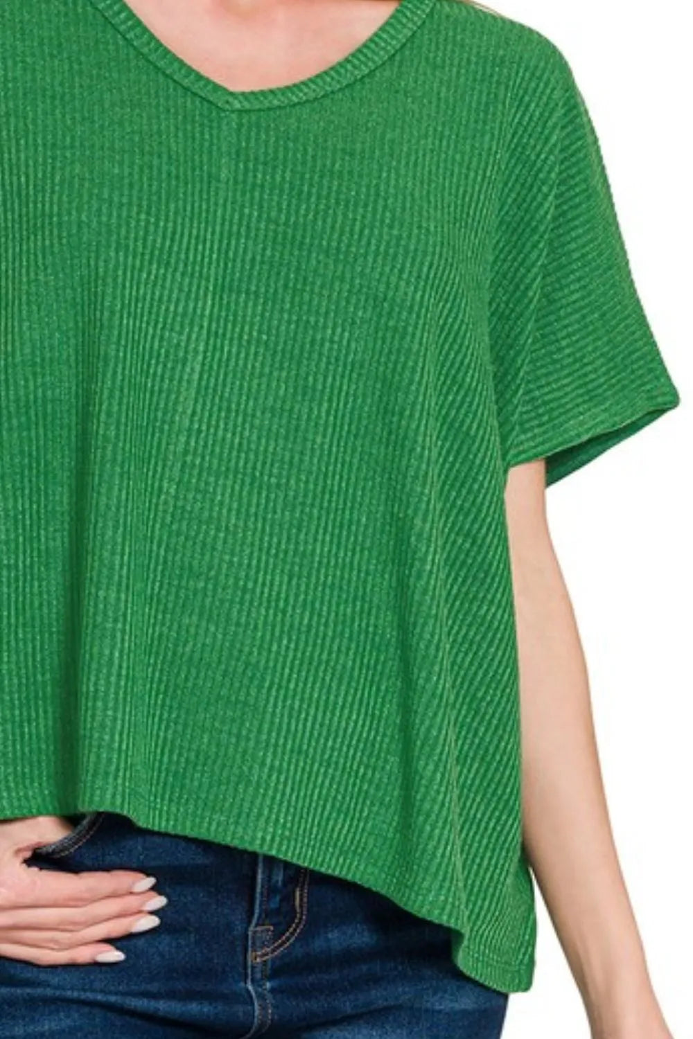 Zenana Ribbed V-Neck Short-Sleeve Knit Top