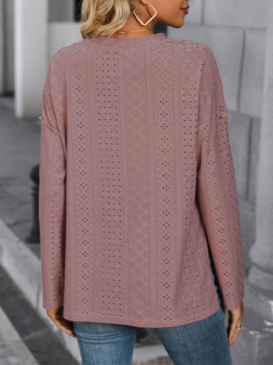 Perfee Eyelet Round Neck Long Sleeve Top