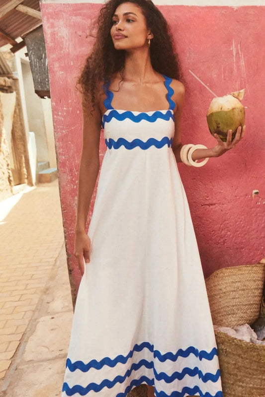 Contrast Trim Square Neck Wide Strap Dress White