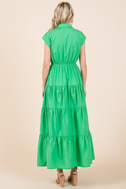 Mittoshop Button Up Collared Tiered Maxi Shirt Dress