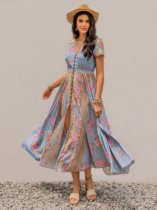 Smocked Floral V-Neck Short Sleeve Midi Dress Light Blue
