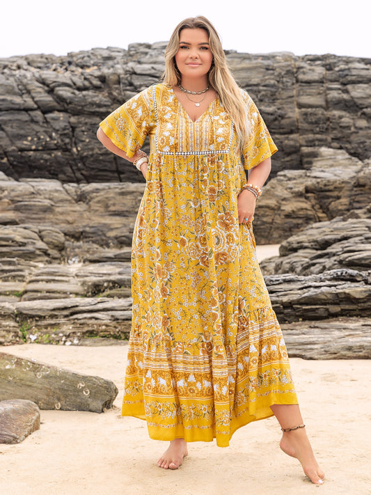 Plus Size Floral Tie Neck Flutter Sleeve Maxi Dress Gold