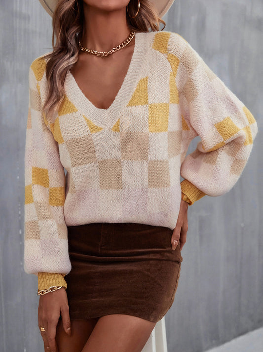 Angel Wings Checkered V-Neck Lantern Sleeve Sweater Light Yellow