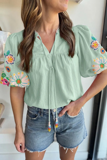 Embroidered Tie Neck Short Sleeve Blouse Light Green