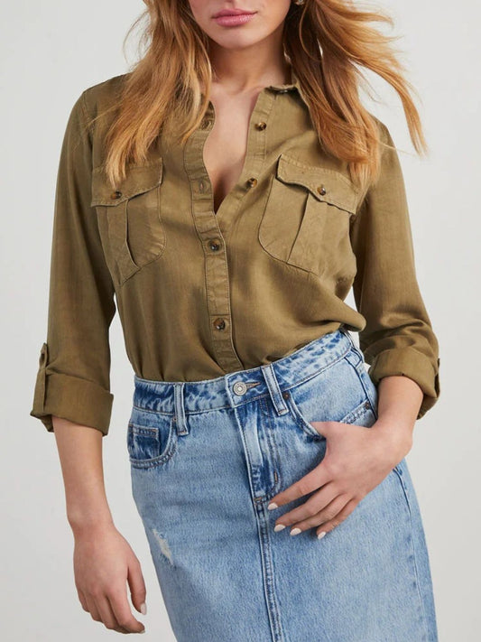 Collared Neck Button Down Denim Top Olive