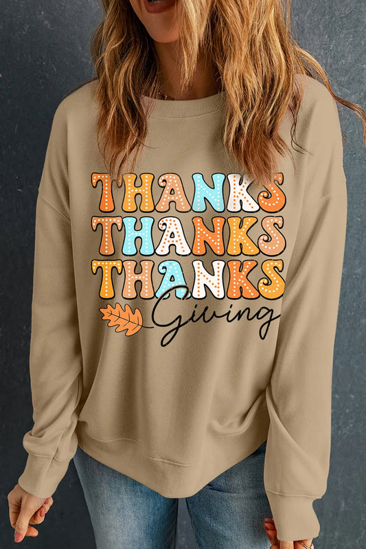 THANKSGIVING Round Neck Dropped Shoulder Sweatshirt Khaki