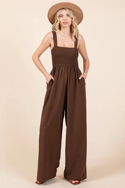Mittoshop Smocked Wide Strap Wide Leg Overalls Ash Brown