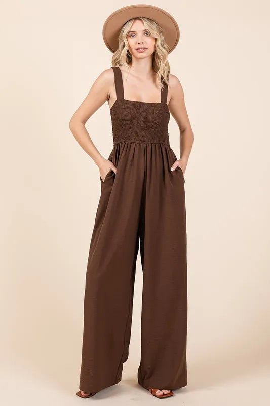 Mittoshop Smocked Wide Strap Wide Leg Overalls Ash Brown