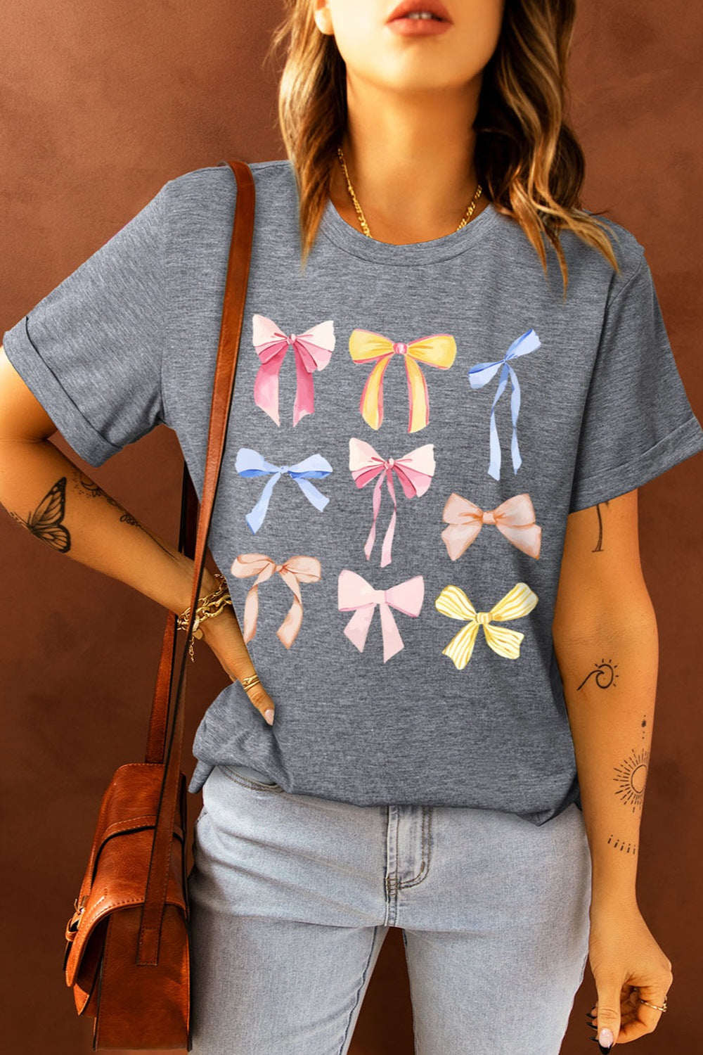 Bow Graphic Round Neck Short Sleeve T-Shirt Dark Gray