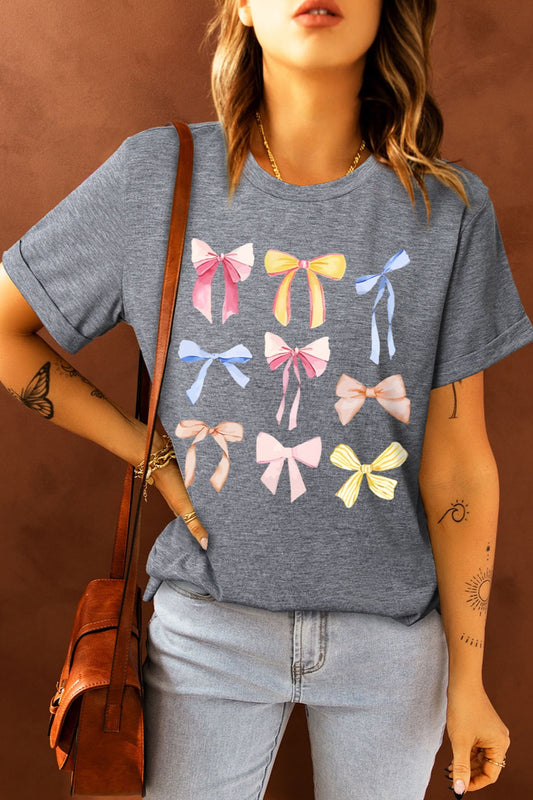 Bow Graphic Round Neck Short Sleeve T-Shirt Dark Gray
