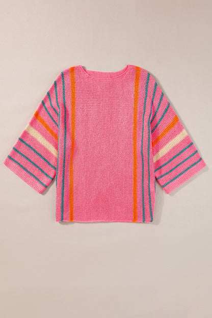 Striped Boat Neck Three-Quarter Sleeve Knit Top Strawberry