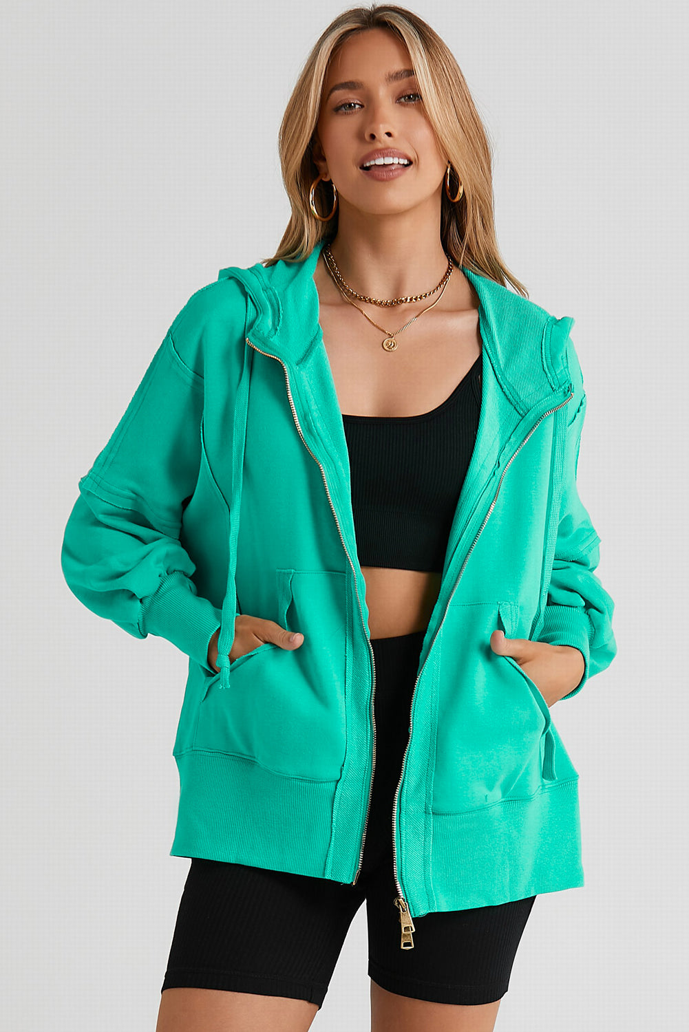 Zip Up Long Sleeve Drawstring Hoodie Teal