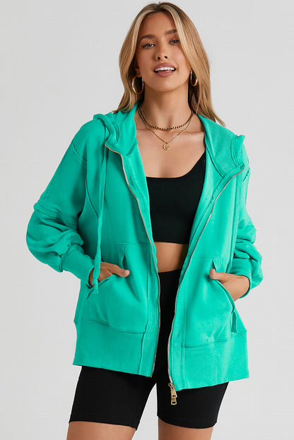 Zip Up Long Sleeve Drawstring Hoodie Teal