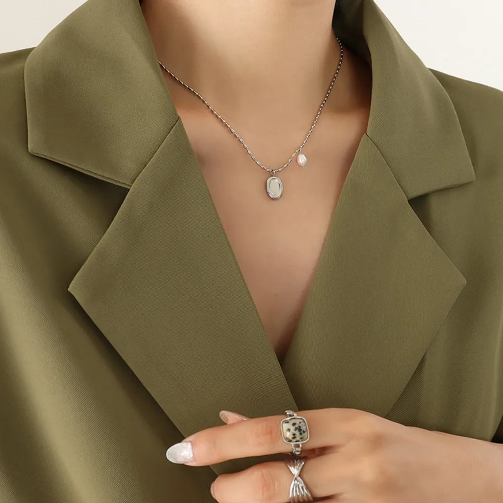 Titanium Steel Freshwater Pearl Pendant Necklace Silver One Size