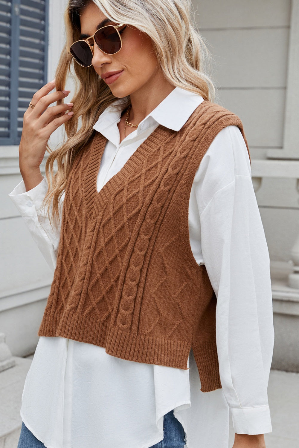 Cable-Knit V-Neck Sweater Vest Caramel
