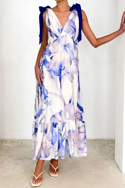 Printed V-Neck Tie Shoulder Midi Cami Dress
