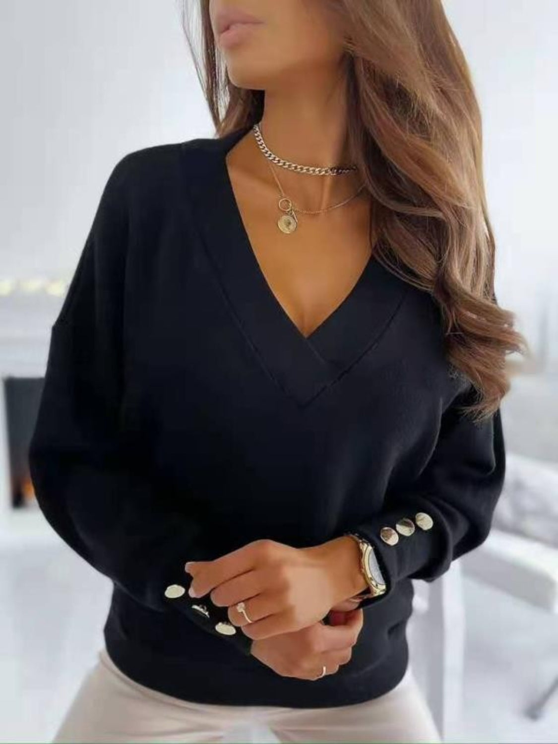 V-Neck Long Sleeve Sweatshirt Black