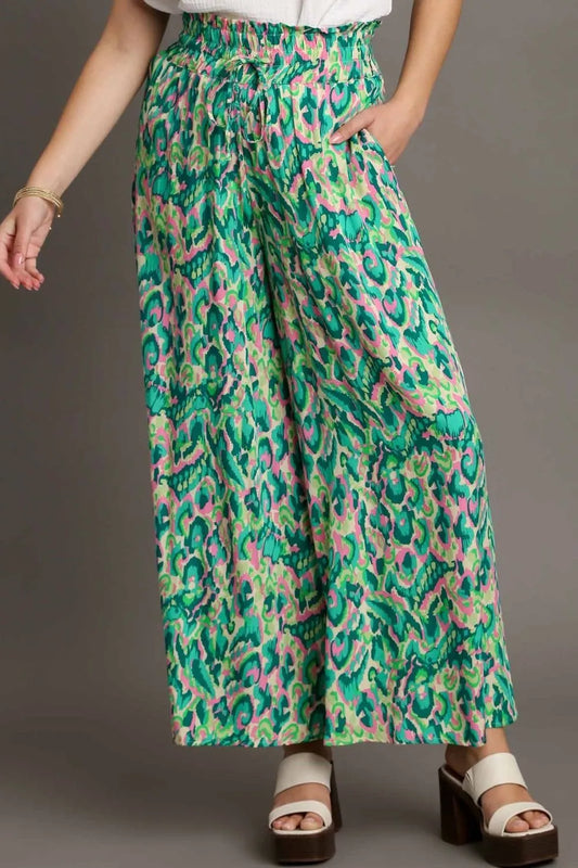 Umgee Full Size Mixed Print High Waist Wide Leg Pants Plus Size GREEN MIX