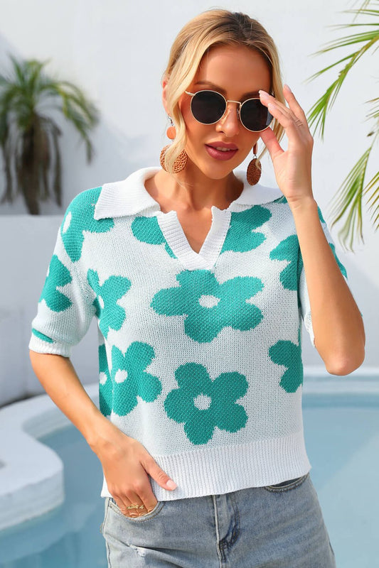 Angel Wings Floral Johnny Collar Half Sleeve Knit Top Turquoise