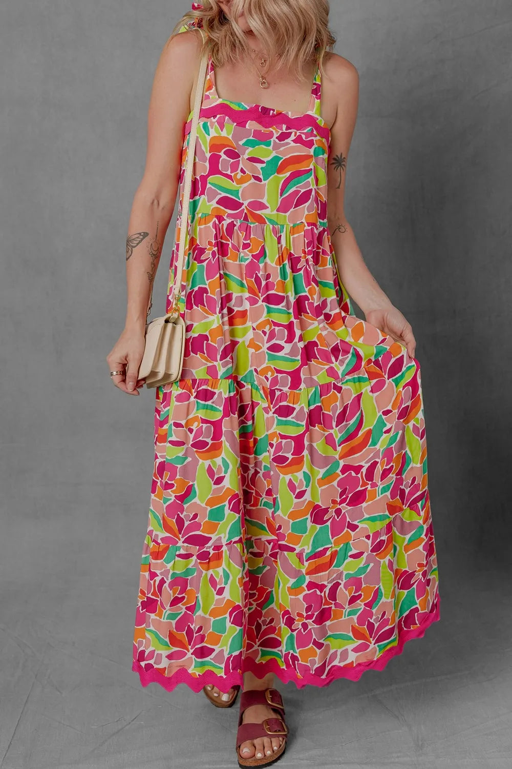 Multicolour Floral Tied Straps Ricrac Trim Maxi Dress Floral