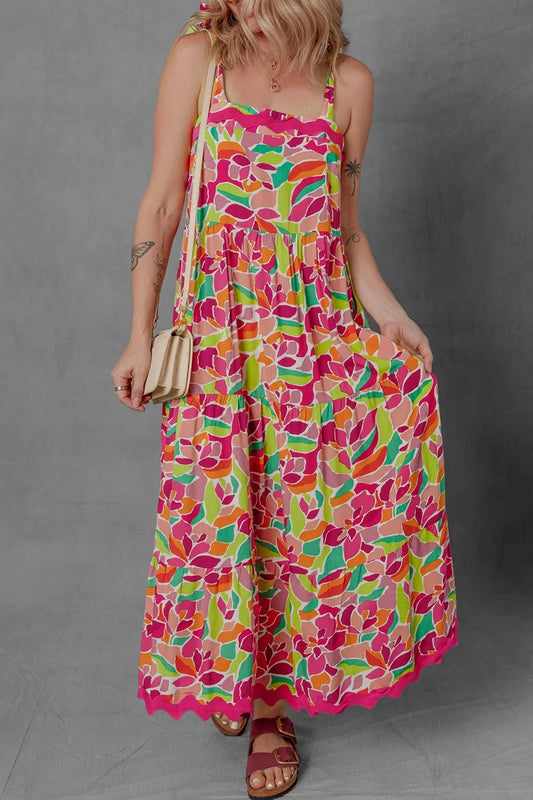 Multicolour Floral Tied Straps Ricrac Trim Maxi Dress Floral