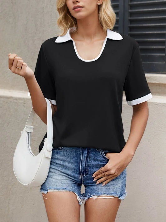 Collared Neck Short Sleeve Top Black