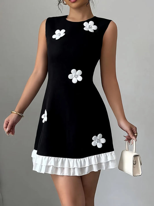 Flower Round Neck Sleeveless Dress Black