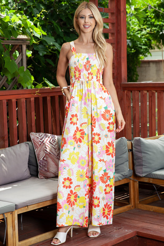 Floral Square Neck Smocked Wide Leg Jumpsuit Floral