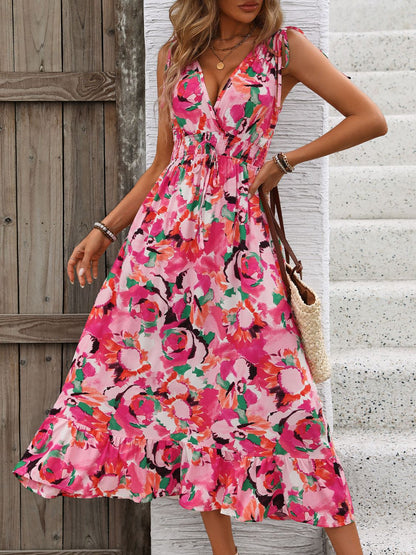 Perfee Ruffled Smocked Printed Sleeveless Dress Pink