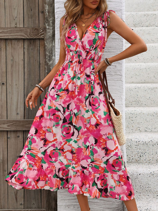 Perfee Ruffled Smocked Printed Sleeveless Dress Pink
