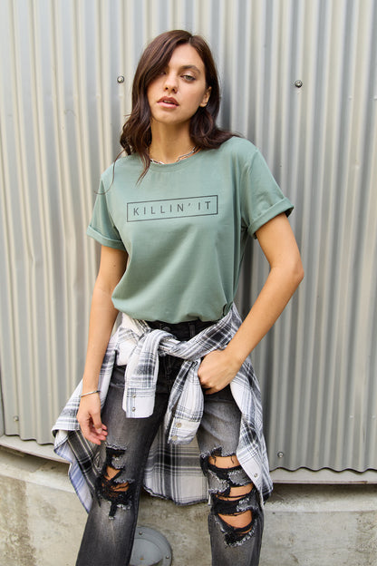 Simply Love Full Size KILLIN'IT Short Sleeve T-Shirt Sage