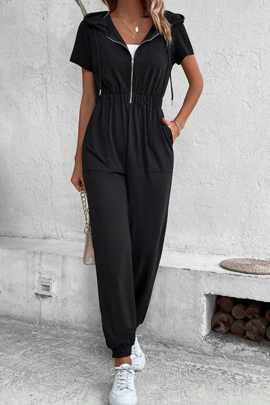 Perfee Zip-Up Short Sleeve Hooded Jumpsuit with Pockets Black