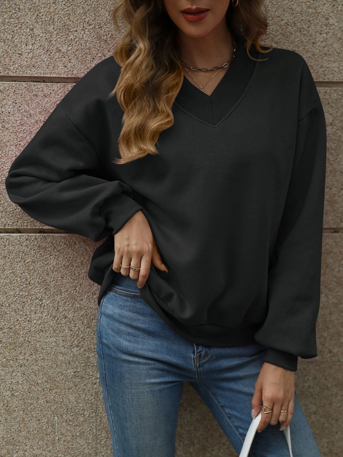 V-Neck Long Sleeve Dropped Shoulder Sweatshirt Black
