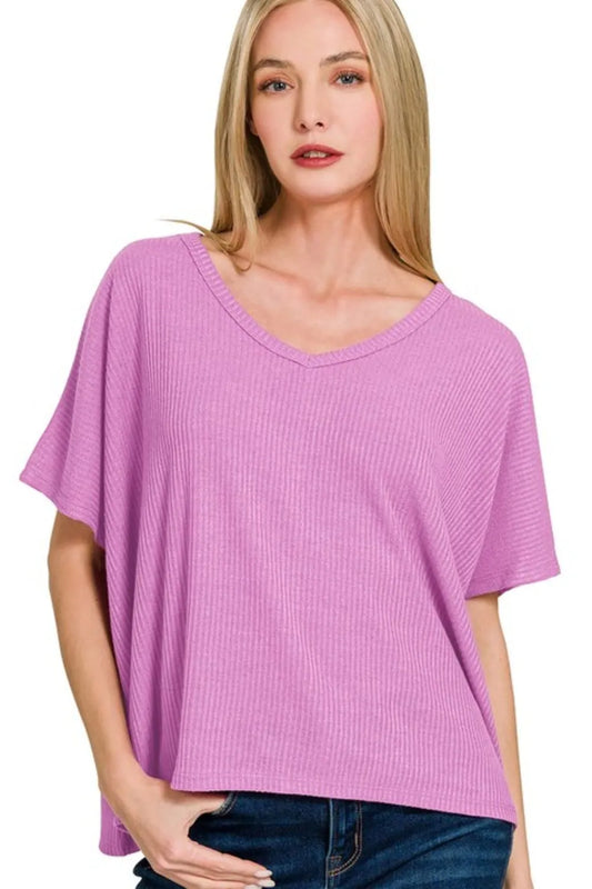 Zenana Ribbed V-Neck Short-Sleeve Knit Top BRIGHT MAUVE