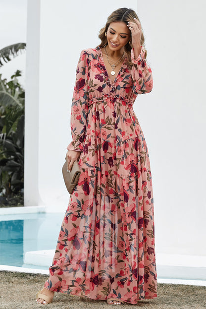 Floral Frill Trim Flounce Sleeve Plunge Maxi Dress Floral