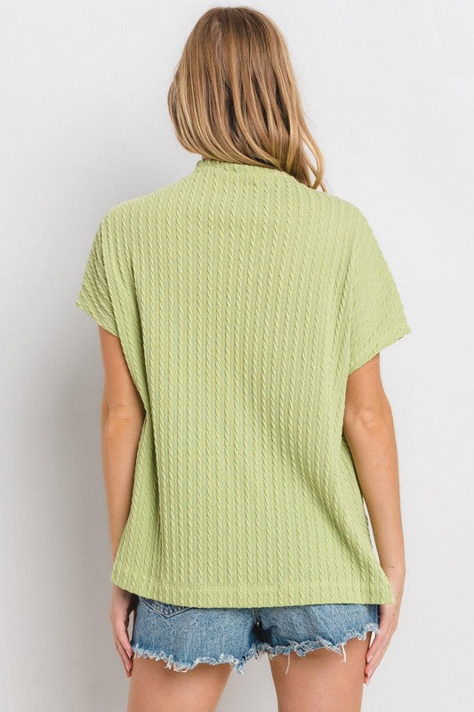 Ces Femme Texture Mock Neck Short Sleeve Knit Top