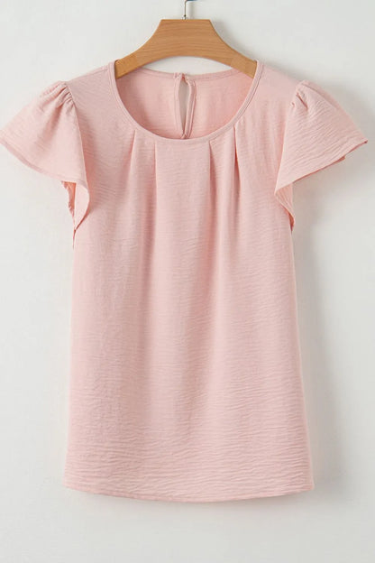 Solid Color Flounce Sleeve Pleated Round Neck Blouse