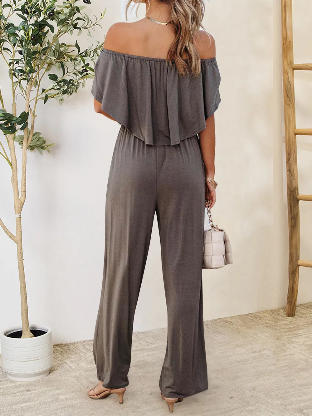 Ruffled Off-Shoulder Jumpsuit Dark Gray