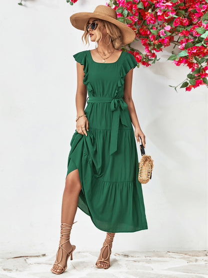 Tie Belt Ruffled Tiered Dress Forest