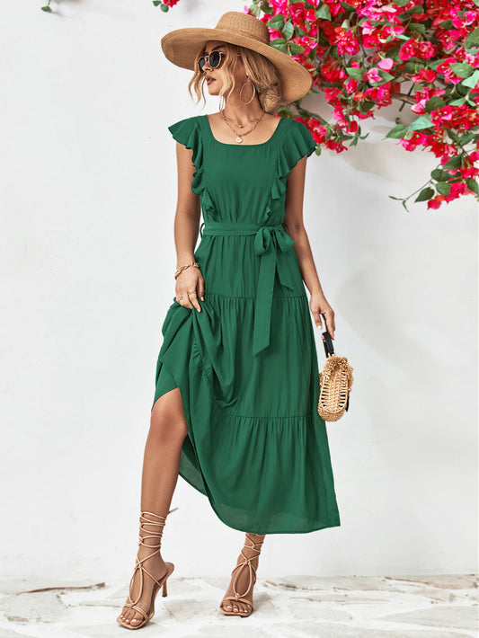 Tie Belt Ruffled Tiered Dress Forest