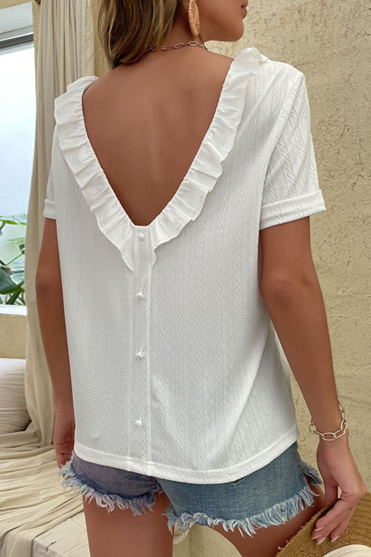 Perfee Round Neck Ruffled Short Sleeve Blouse White