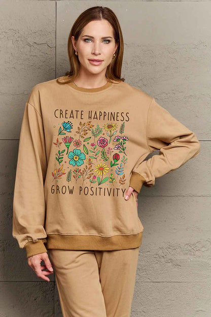 Simply Love Full Size CREATE HAPPINESS GROW POSITIVITY Graphic Sweatshirt