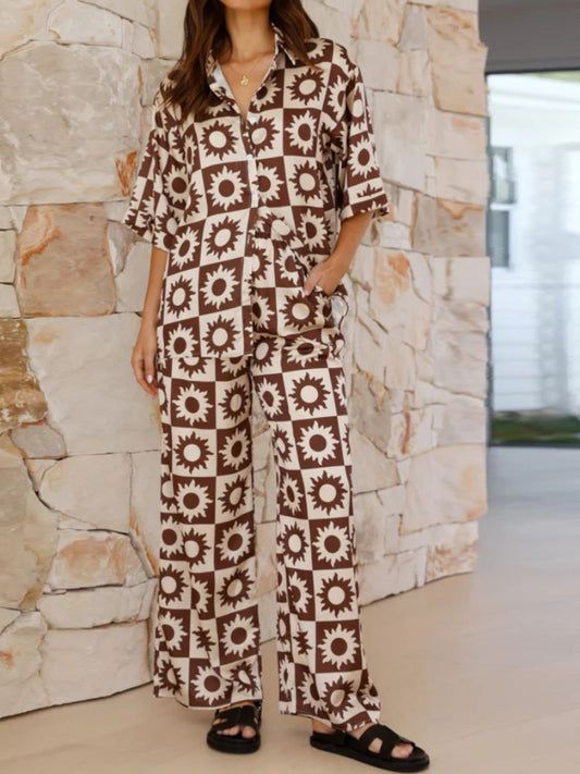 Printed Collared Neck Top and Pants Set