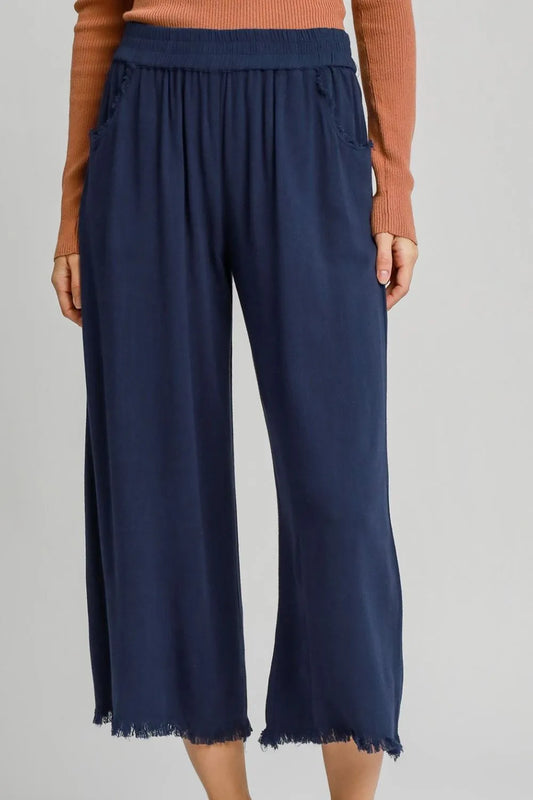 Umgee Full Size Linen Blend Elastic Waistband Wide Leg Pants Plus Size Dark Blue