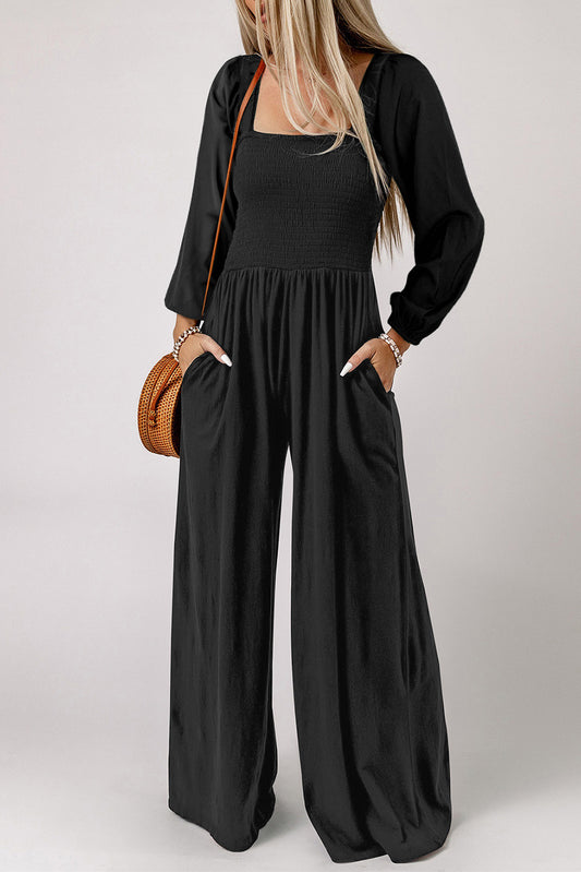 Square Neck Raglan Sleeve Jumpsuit with Pocket Black